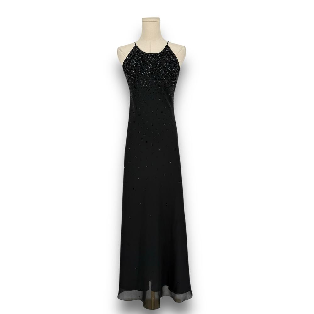 Vintage Y2K Chelsea Nites Mesh Maxi Dress Beaded Sleeveless Slip Evening Gown 10